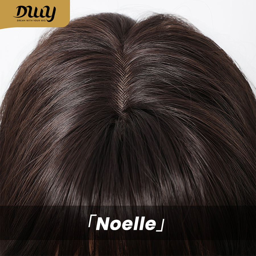 Noelle-DWY Free Part Machine Made Long Layer Wave Tea Black Glueless Synthetic Wig with Bangs for Women 26 Inches
