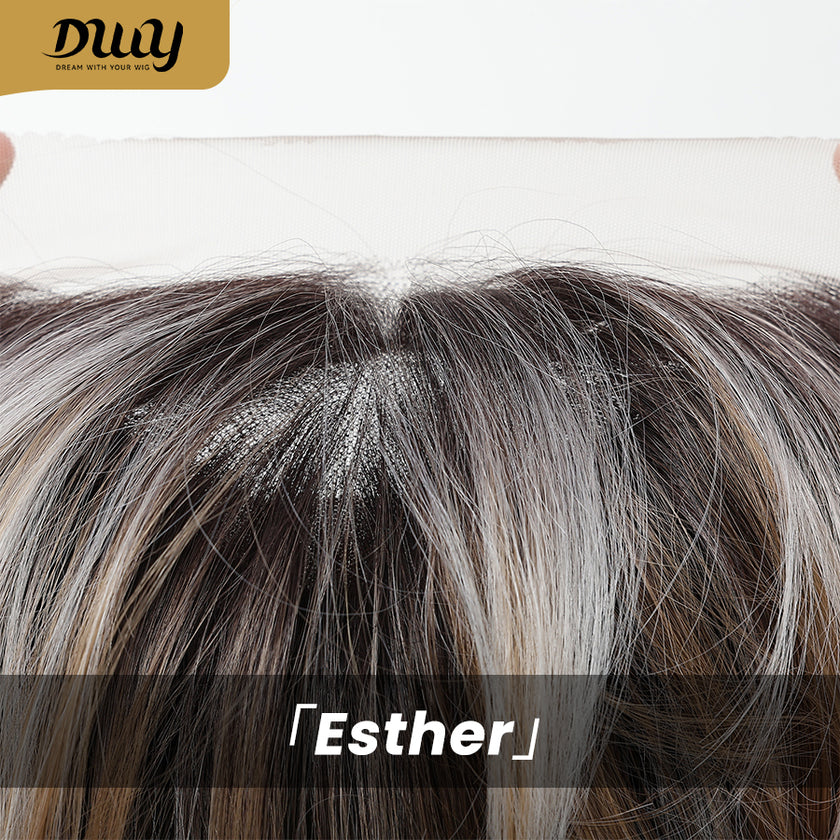 Esther C-DWY 13x4 Filter Lace Front Free Part Mid-Length Layer-cut Brown with Highlights Glueless Synthetic Wig