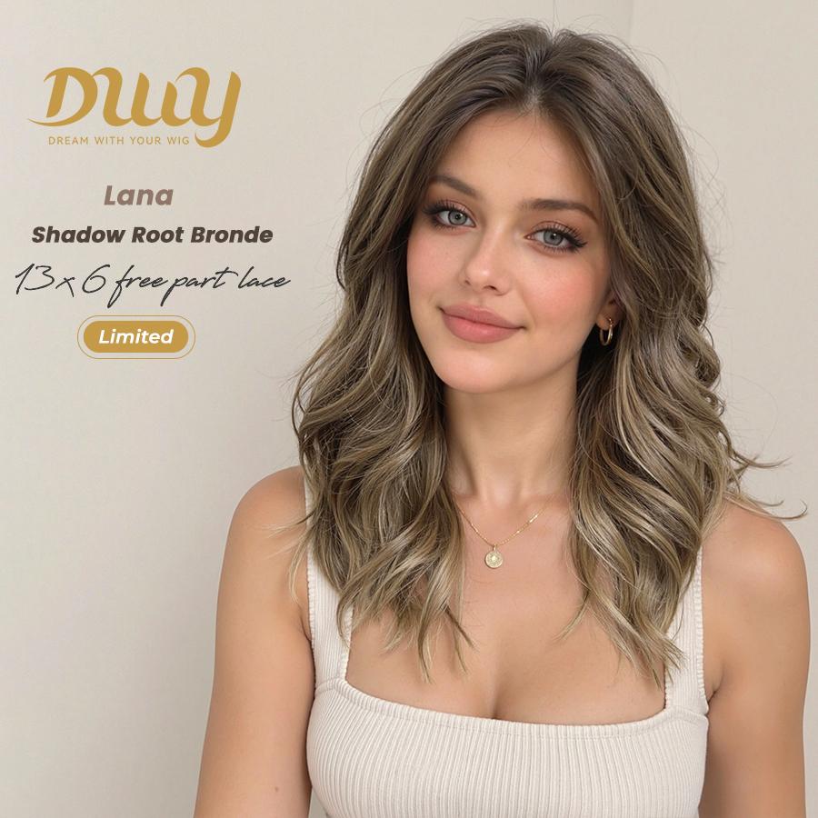 [LIMITED SALE] Lana- DWY 13×6 Lace Front Free Part Mid-Length Body Wave Lob Shadow Root Bronde Glueless Synthetic Wig for Women 18 Inches Large Area Lace Wig