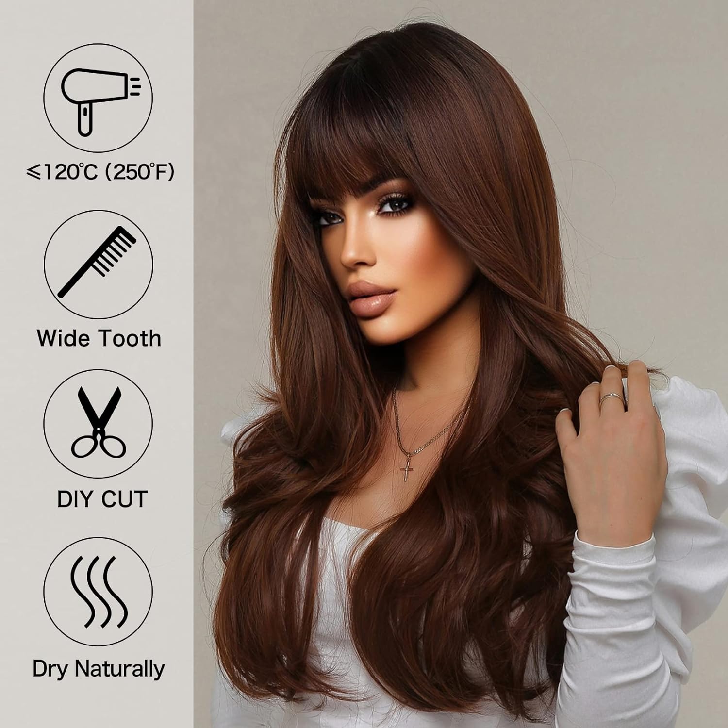 DWY 26 inches Long Curly Brown with Bangs Synthetic Wig