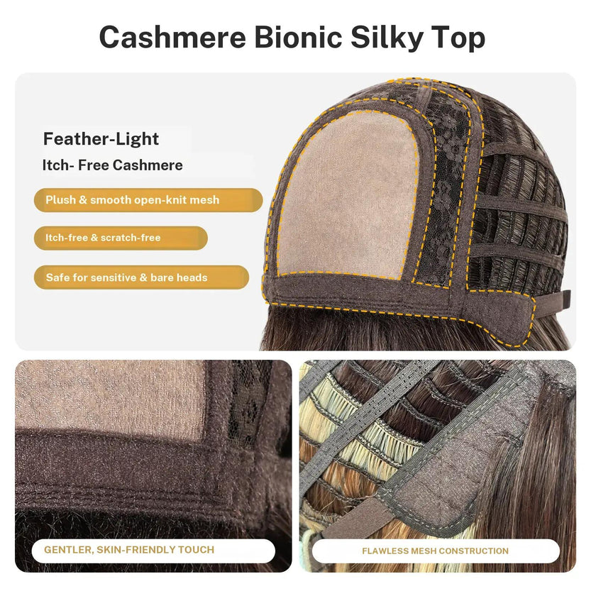 Gwen NEW CRAFT! [GEN4 cashmere Bionic Silky Top] 18 Inch Long Feathered Layerst Blonde With Dark Roots Glueless Synthetic Wig with Bangs for Women High Quality soft texture Easy Wear Comfortable Fit