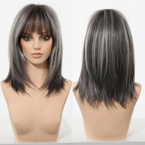 Elysia-DWY 16-Inch Brown Layered Wig with Highlights and Air Bangs - Glueless Synthetic for Women
