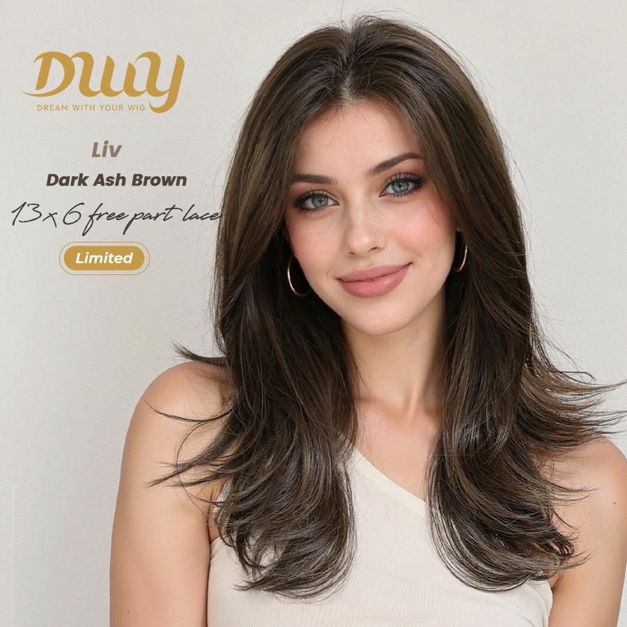 [LIMITED SALE] Liv- DWY 13×6 Lace Front Free Part Mid-Length Feather-cut Dark Ash Brown Glueless Synthetic Wig for Women 20 Inches Large Area Lace Wig