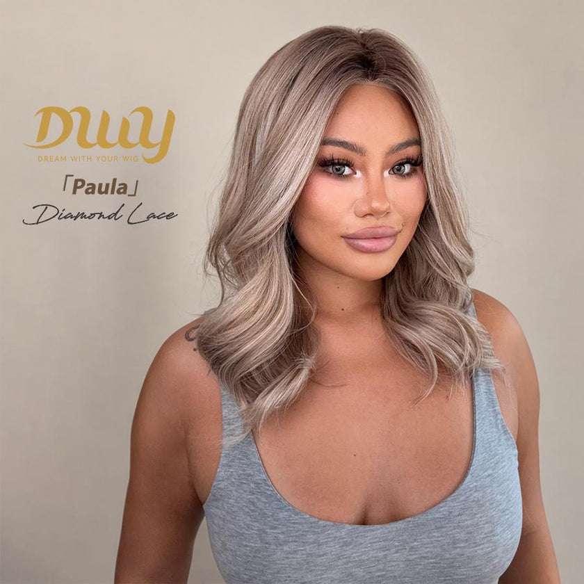 Paula-DWY Pre-cut U part Diamond Lace Mid-length Ash Beige Blonde Highlights Scandi Hairline Wave Hair Glueless Synthetic Wigs for Women 18 Inches