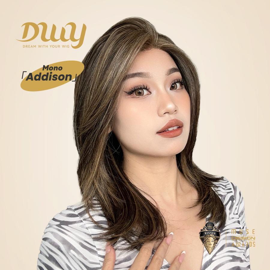 Addison-DWY 16-Inch Glueless Skin Weft Mono Lace Front Synthetic Wig - Mid-Length Brown with Highlights