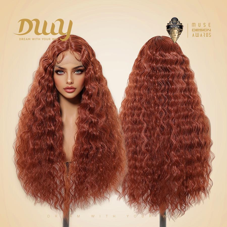 Maeve -DWY Lace Front Long Natural Drity Orange Spanish Wave Middle Part Glueless Synthetic Wig for Women 26 Inches Classic Style