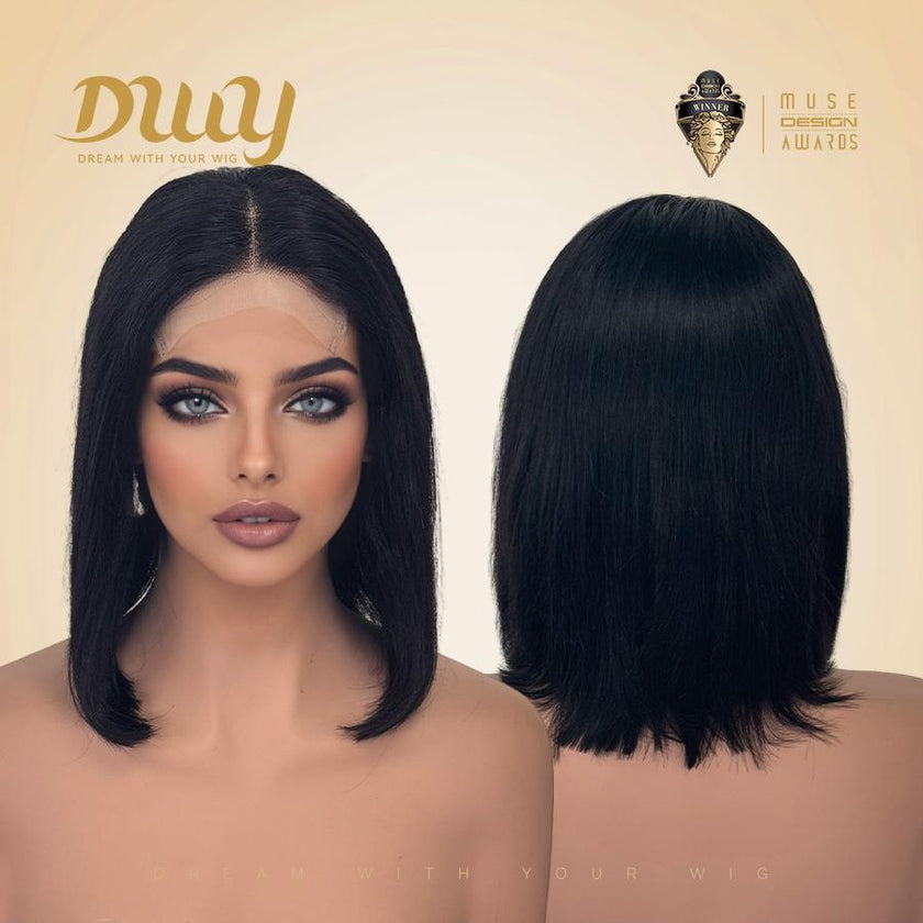 Dual-view of the DWY black bob wig on a mannequin head, showcasing the natural lace front hairline and the sleek, straight back view, with Muse Design Awards branding.