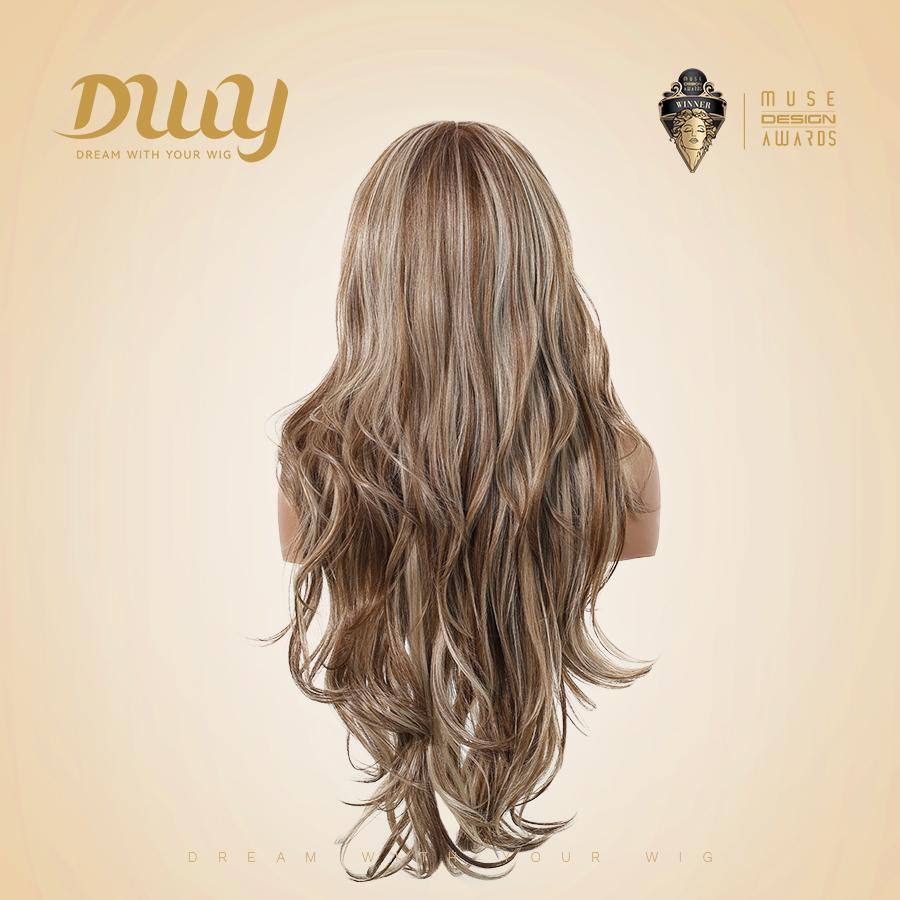 Jasmine -DWY 13×6 Lace Front Free Part Long-Length Layer-cut Curly Brown Highlighted Glueless Synthetic Wig for Women 28 Inches Lace Frontal Wig Layered Wig