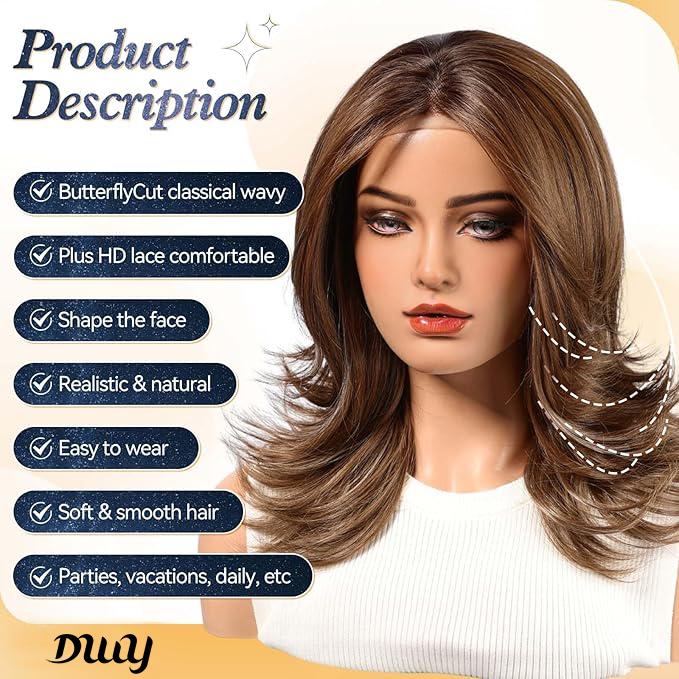Myra-DWY 13×3  Lace Front Free Part Mid-Length Brown wtih Highlights Glueless Synthetic Wig