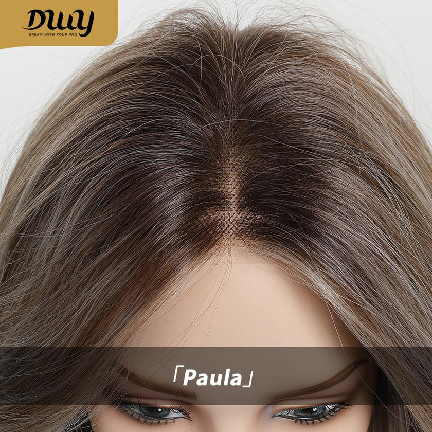 Paula-DWY Pre-cut U part Diamond Lace Mid-length Ash Beige Blonde Highlights Scandi Hairline Wave Hair Glueless Synthetic Wigs for Women 18 Inches