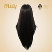 A back view photograph of a long, dark brown wig displayed on a mannequin head. The wig features a distinct 