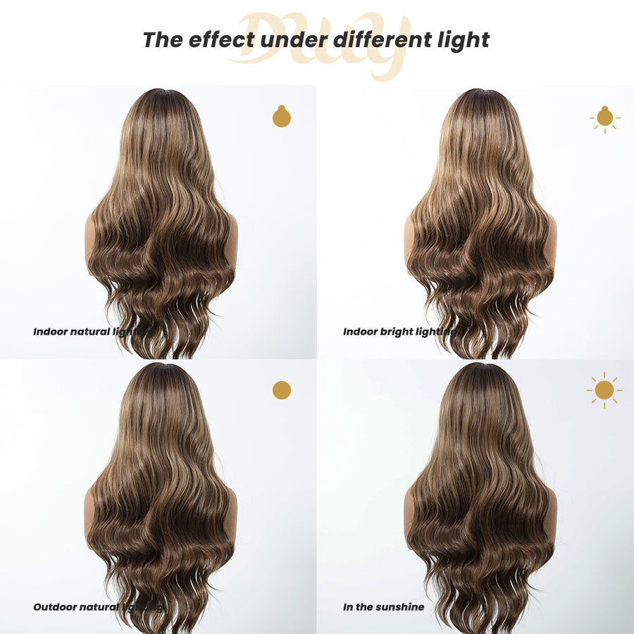 Mocca-DWY 13×6 Libera Lace Free Part Long-Length Wavy Brown with Highlights Synthetic Wig