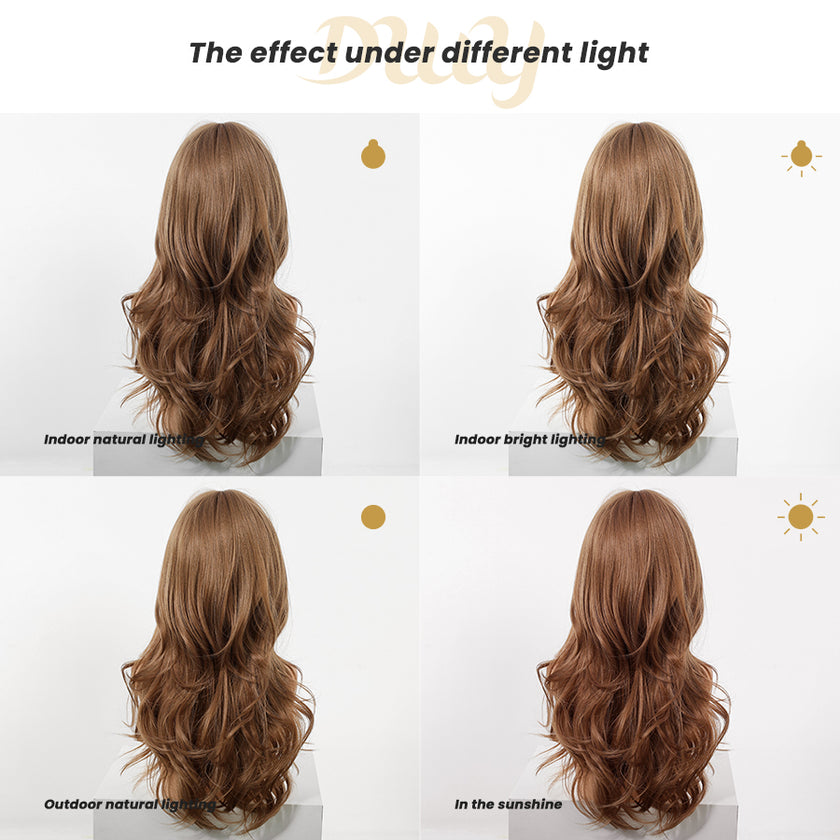Molly-DWY Mid-Length Wavy Layer Cut Golden Linen Brown Glueless Synthetic Wig for Women 24 Inches Natural Hairline