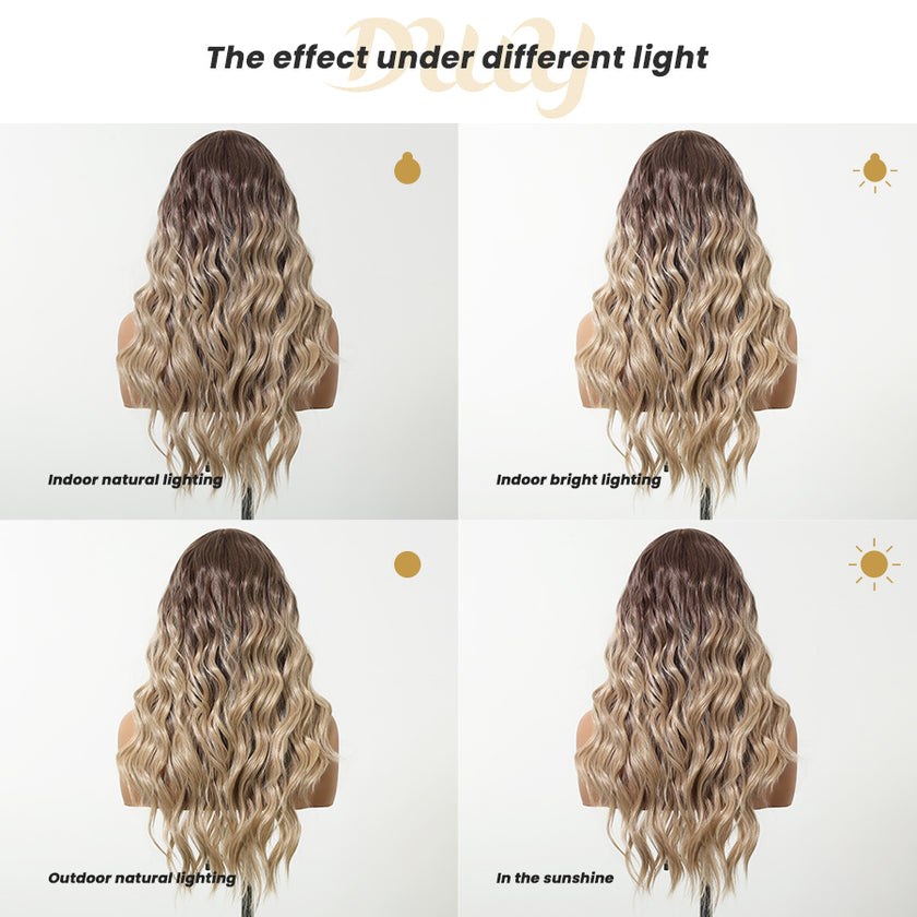 Lyna C-DWY 13*6 Lace Front Long Beach Wave Ombre Blonde with Highlight Glueless Synthetic Wig