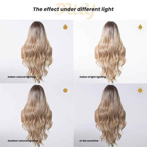 Natalie-DWY Lace Front 13×6 Rooted Blonde Wavy Free Part Synthetic Wig