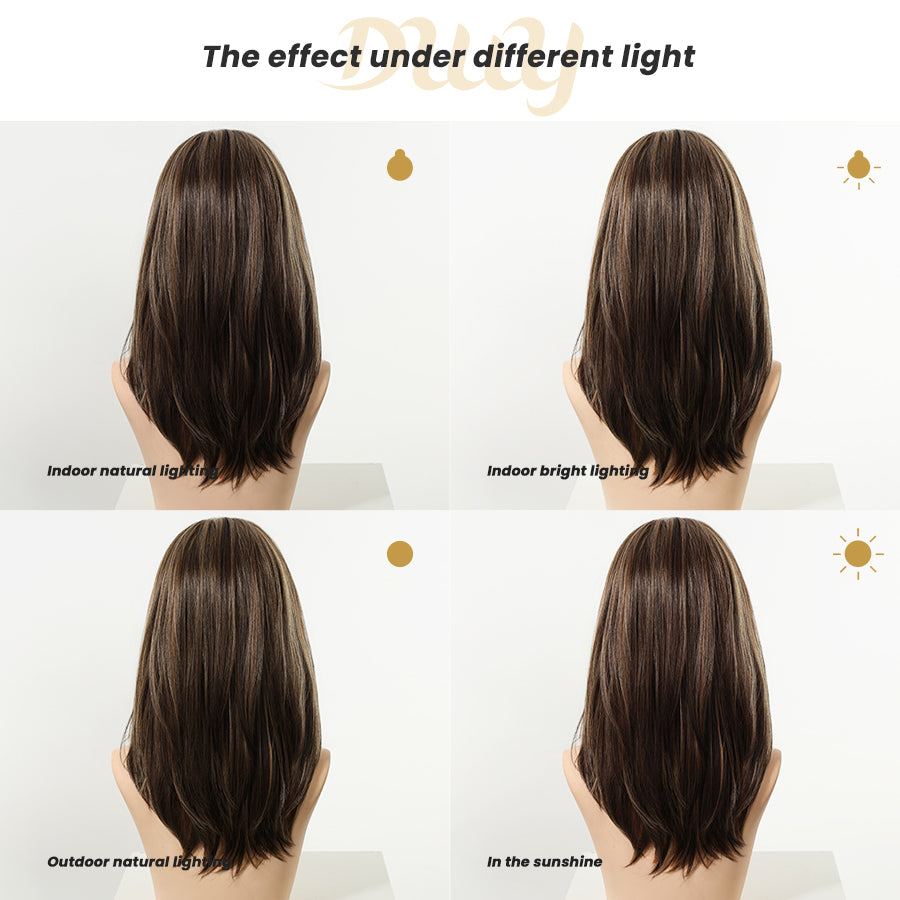Fable-DWY 13×4 Lace Front Free Part Mid-Length Layer-cut Straight Brown with Highlights Glueless Synthetic Wig for Women 18 Inches