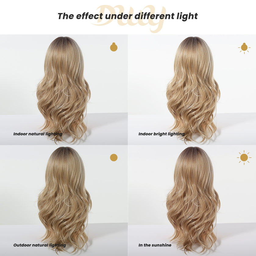 Barbara-DWY 13x4 Filter Lace Front Free Part Long-Length Wavy Blonde with Dark Roots Glueless Synthetic Wig