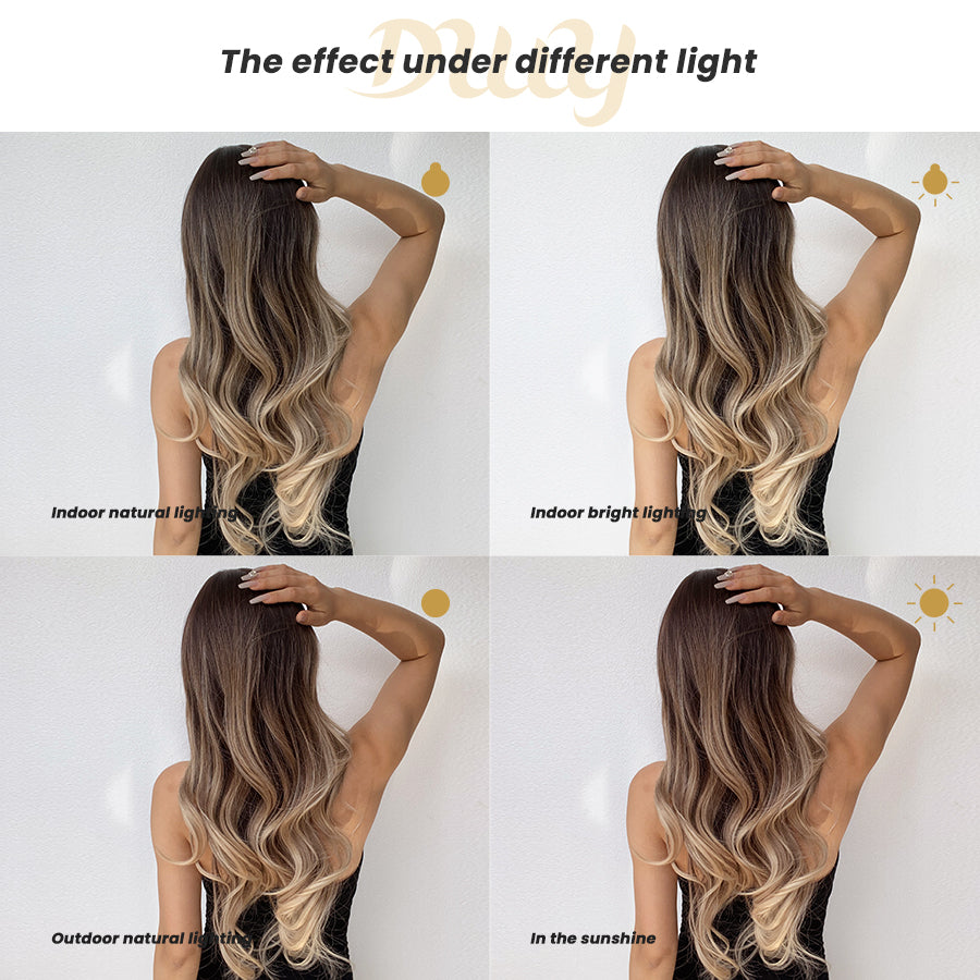 Josely-DWY Machine Made Long Wavy Hairstyle with Blunt Bangs Dark Brown to Light Blonde Ombre Glueless Synthetic Wig for Women 28 Inches