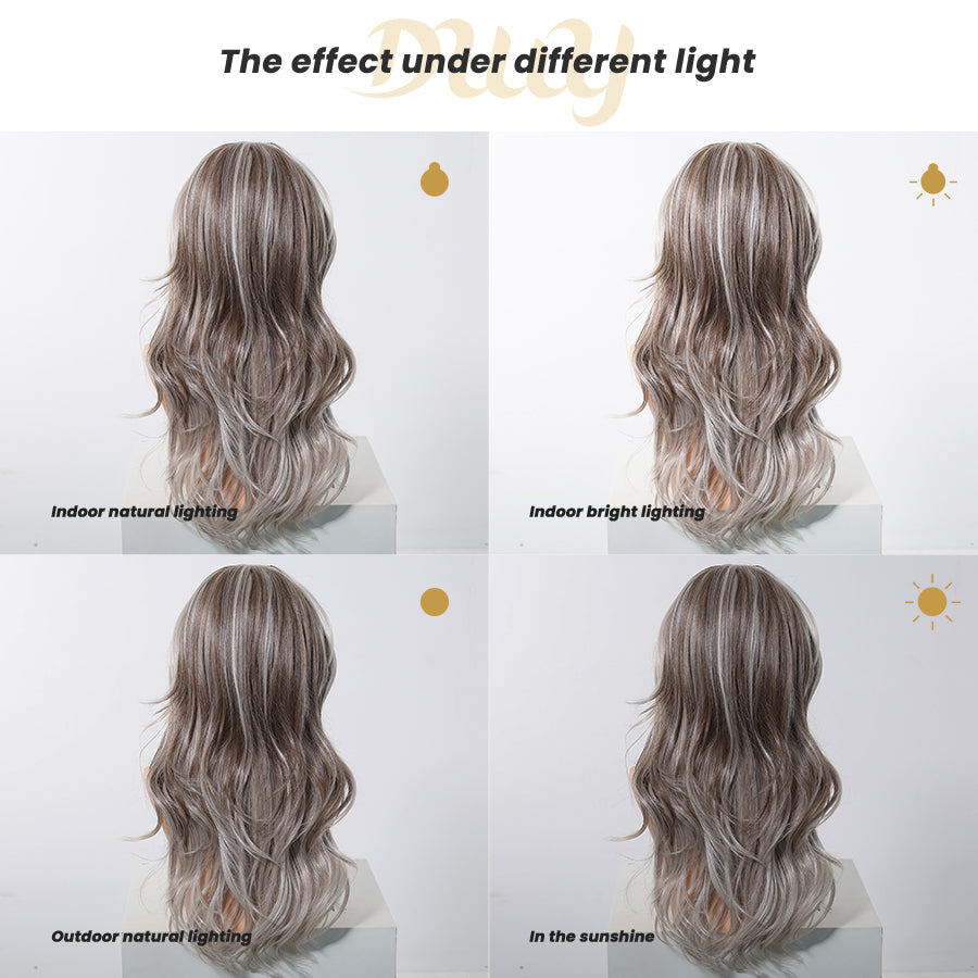 Ivy C- DWY 13×6 Lace Front Free Part Long-Length Wavy Ash Blonde Highlighted Glueless Synthetic Wig for Women 22 Inches
