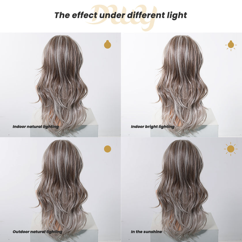 Ivy C- DWY 13×6 Lace Front Free Part Long-Length Wavy Ash Blonde Highlighted Glueless Synthetic Wig for Women 22 Inches