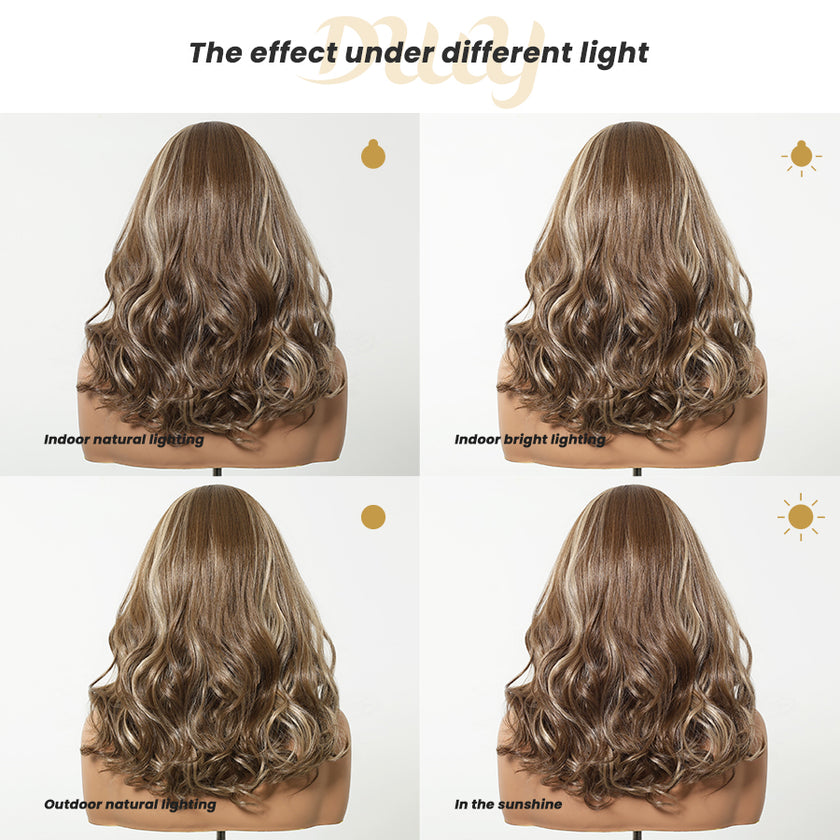 Juno C- New Arrival DWY 13×6 Lace Front Free Part Short-Length Curly Brown with Highlights Glueless Synthetic Wig