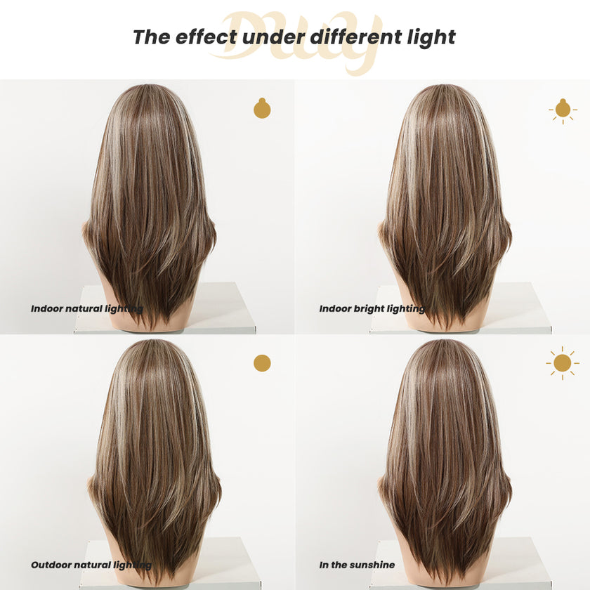 Willa- NEW! DWY Pre-cut U part Diamond Lace Long-length Lace Icy Bronde Highlighted Layer-cut Curly Hair Glueless Synthetic Wigs for Women 22 Inch