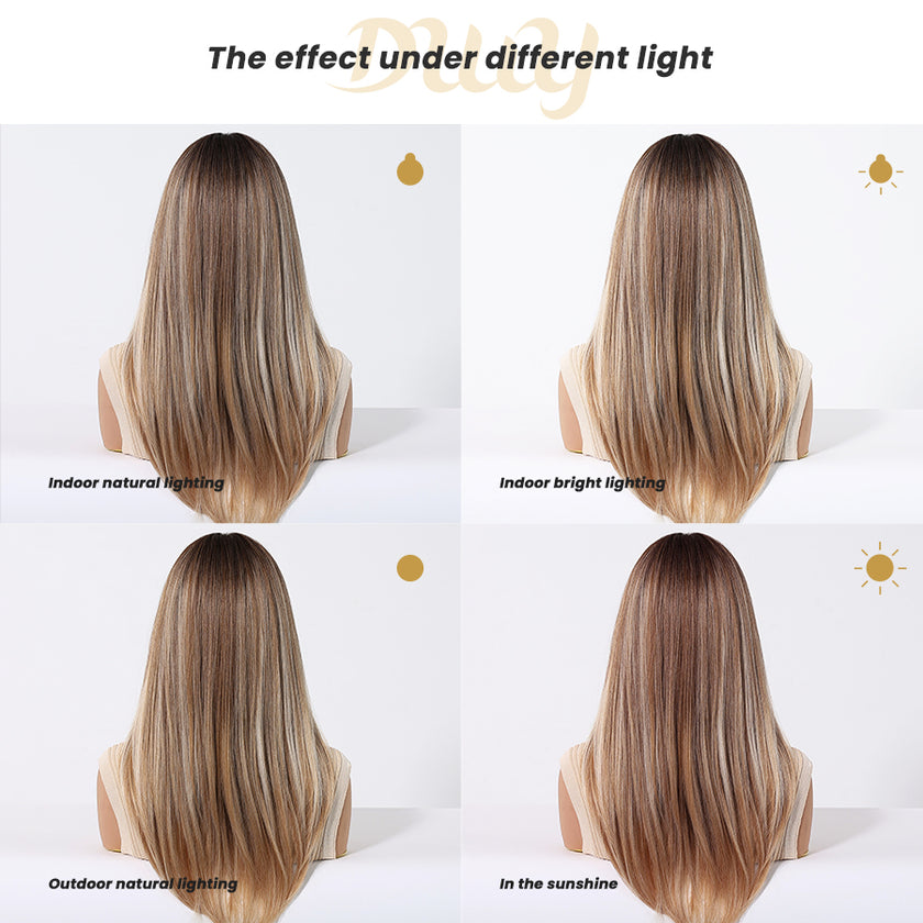 Bonia-DWY Long Curly MiraScalp Ombre Blonde With Bangs Dark Roots Glueless Synthetic Wig