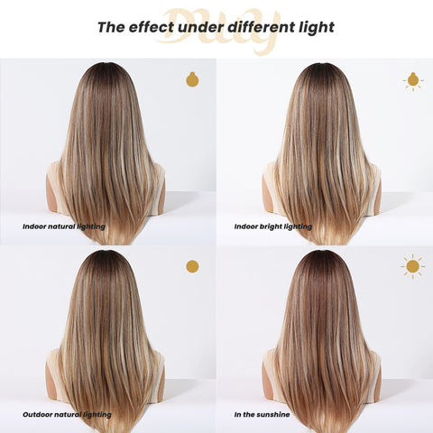 Bonia-DWY Long Curly Ombre Blonde With Bangs Dark Roots Glueless Synthetic Wig