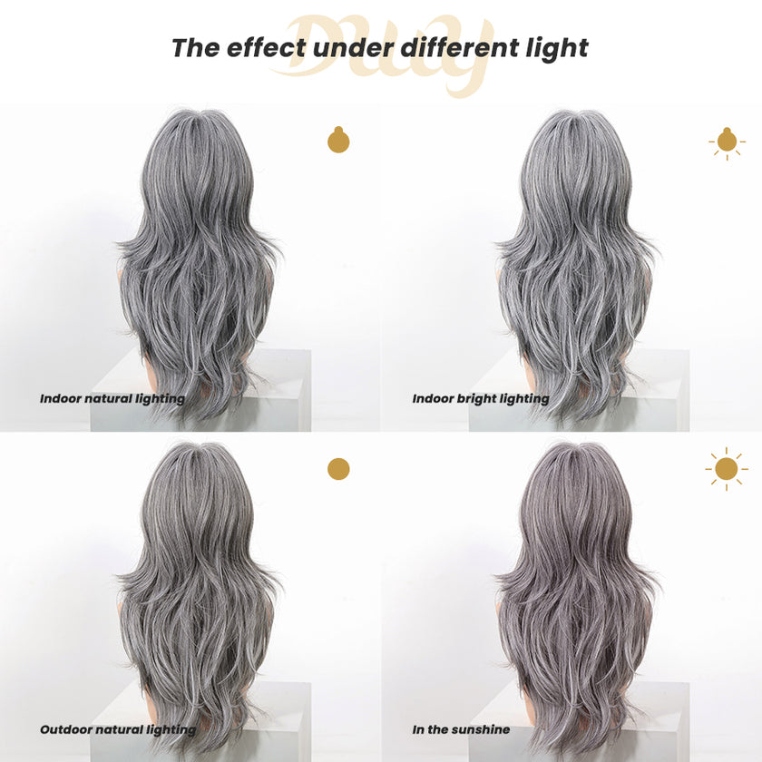 Darcy-DWY Machine Made Long-length Body Wave Grey with White Highlights Large Area Glueless Synthetic Wig for Women 24 Inches