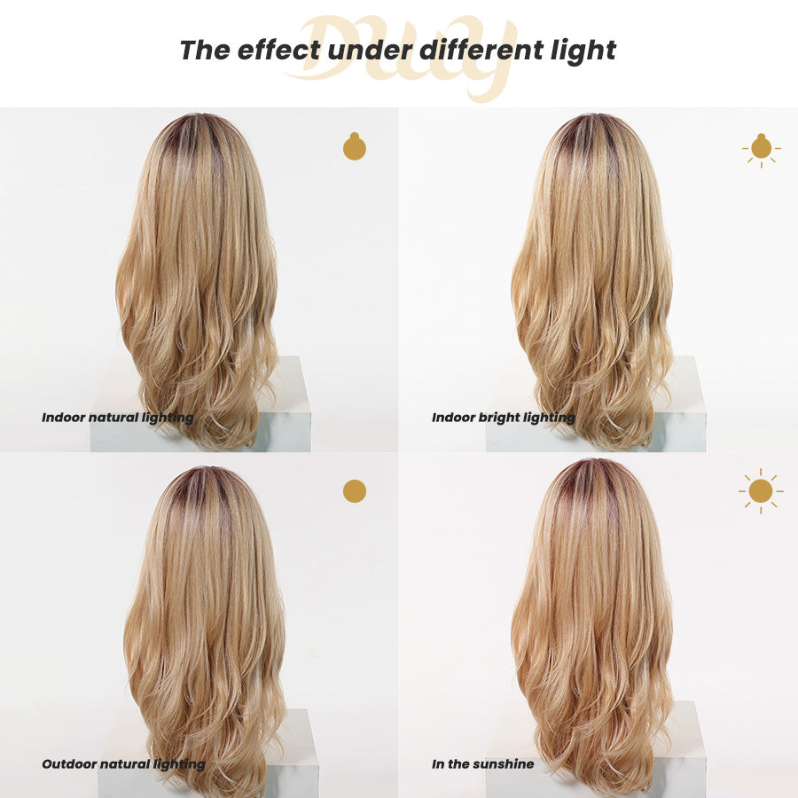 Evie-DWY Mid-Length Wavy Ombre Blonde with Bangs Glueless Synthetic Wig for Women 24 Inches