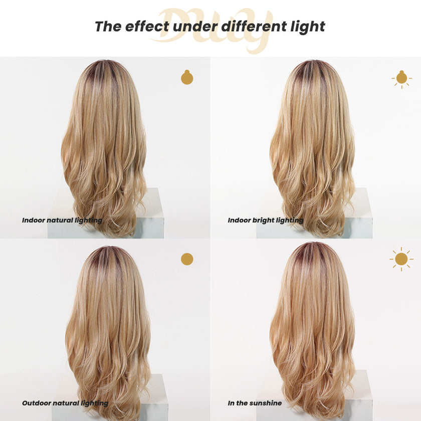 Evie-DWY Mid-Length Wavy Ombre Blonde with Bangs Glueless Synthetic Wig for Women 24 Inches