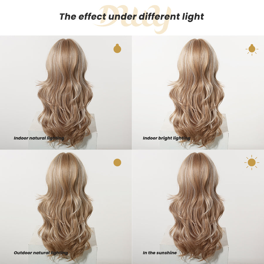 Cassie - DWY Long Wave Milk Tea Blonde Highlights Glueless Synthetic Wig with Bangs for Women 26 Inches Premium Quality Convenient Wigs