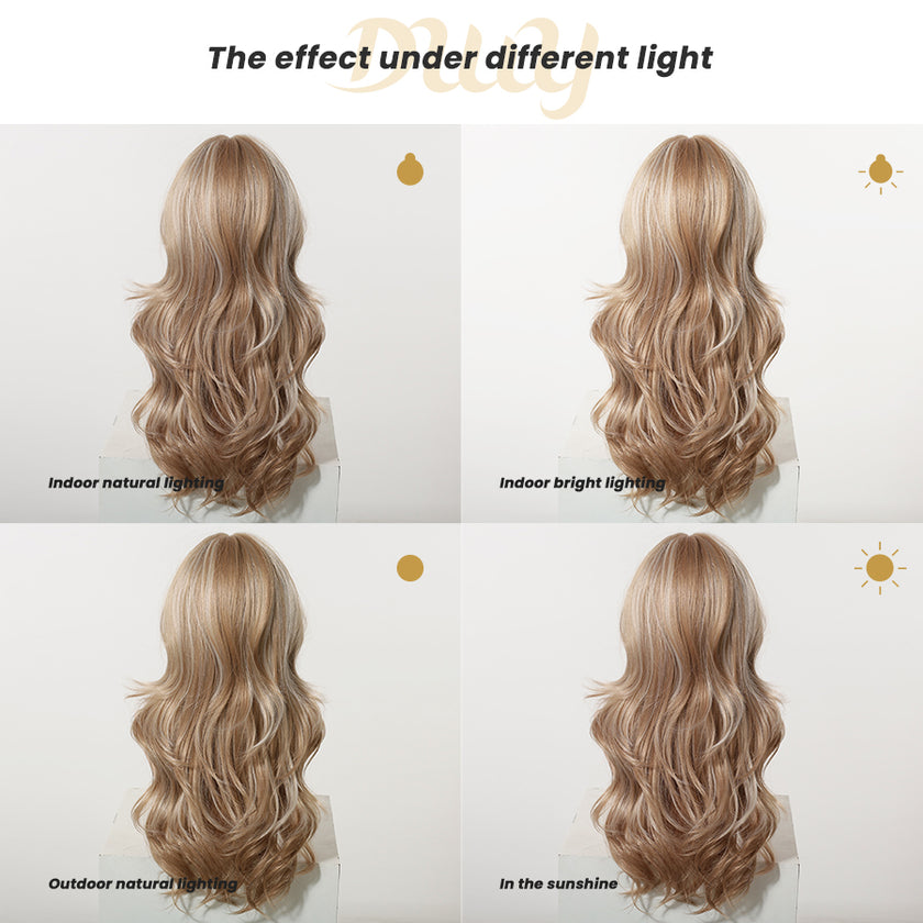 Cassie - DWY Long Wave Milk Tea Blonde Highlights Glueless Synthetic Wig with Bangs for Women 26 Inches Premium Quality Convenient Wigs