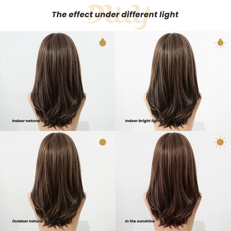 Fable-DWY 13×4 Filter Lace Front Free Part Mid-Length Layer-cut Straight Brown with Highligts Glueless Synthetic Wig