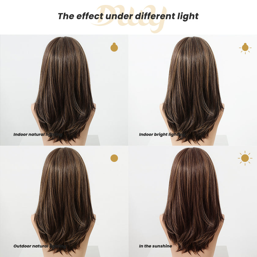 Fable-DWY 13×4 Filter Lace Front Free Part Mid-Length Layer-cut Straight Brown with Highligts Glueless Synthetic Wig