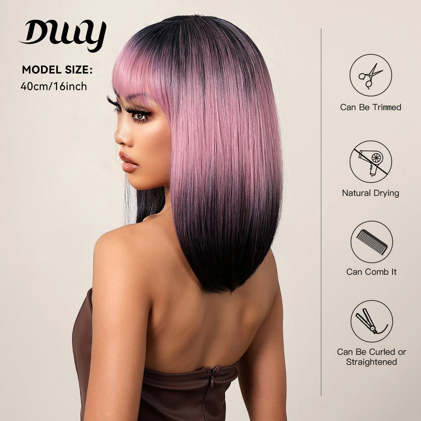 16 Inches Long Straight Pink Gradient Black Wigs with Bangs Synthetic Wigs Women's Wigs for Daily Use Party or Cosplay Taking Photos WL1121-1