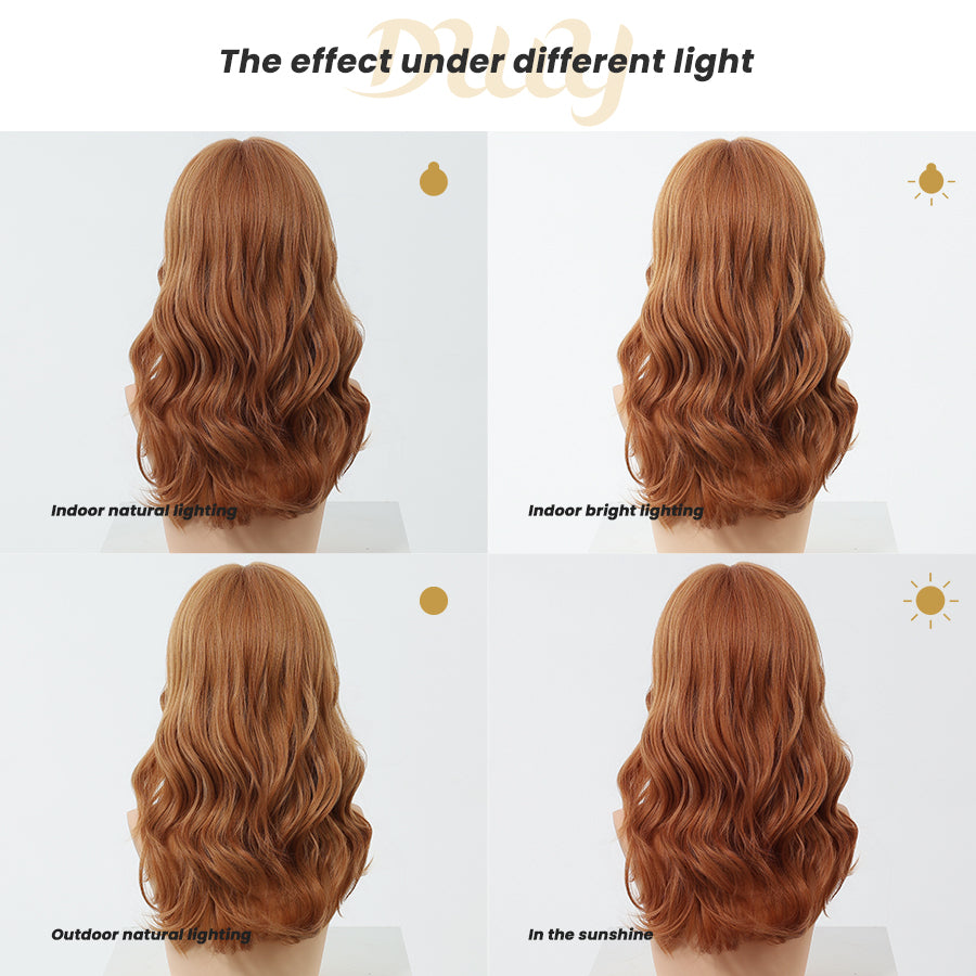 Rina-DWY Machine Made Mid-length Wavy Hairstyle Auburn with Blunt Bangs Glueless Synthetic Wig for Women 18 Inches