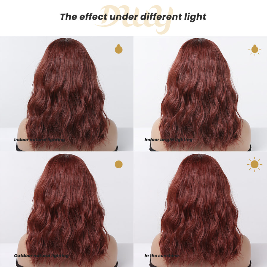 Catalina-DWY Machine Made Dark Red Wavy Bob wigs Glueless  Synthetic  Wig for Women 16  Inches