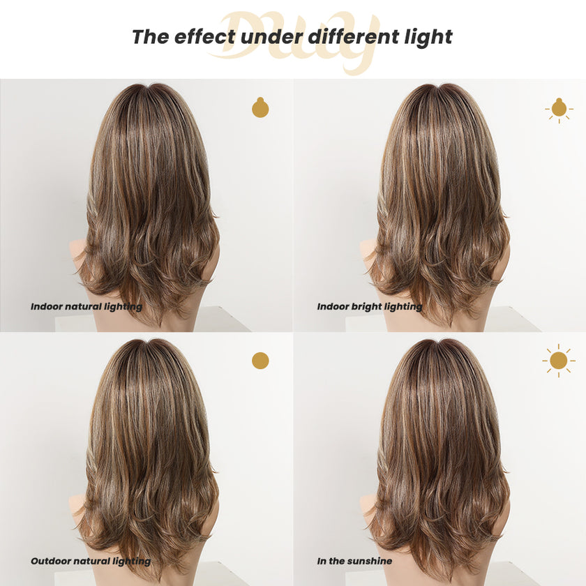 Rachel-DWY Mono Lace Front Free Part Collarbone Length Wavy Brown Glueless Synthetic Wig for Women 18 Inches Autumn Outfits Blonde Wigs Curly Wavy Blonde