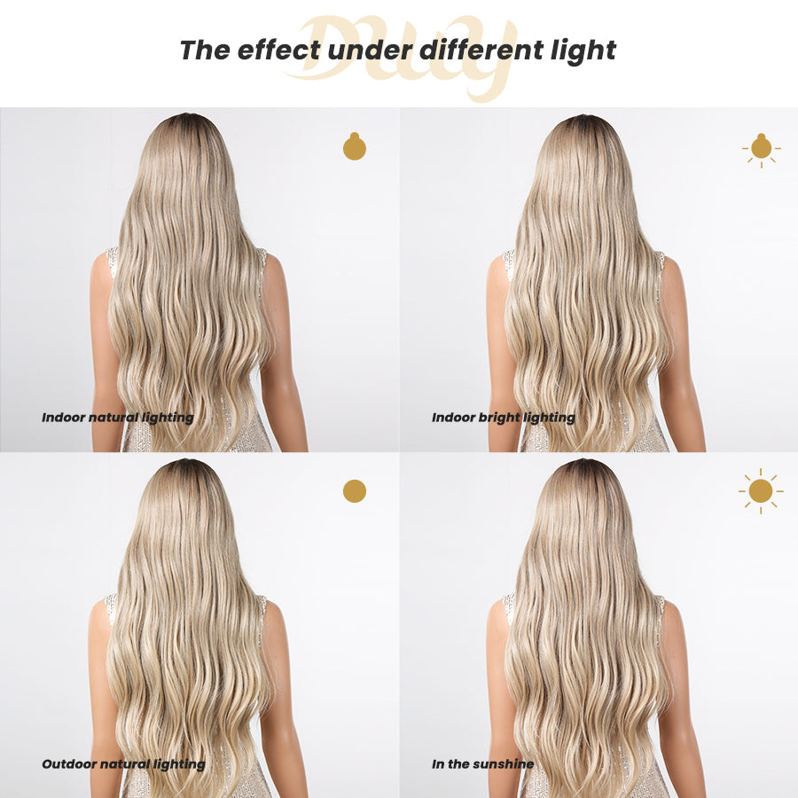 [CLEARANCE SALE] Averyl H-DWY Lace Front Middle Part Long Wavy Rooted Balayage Blonde Glueless Synthetic Wig for Women 28 Inches