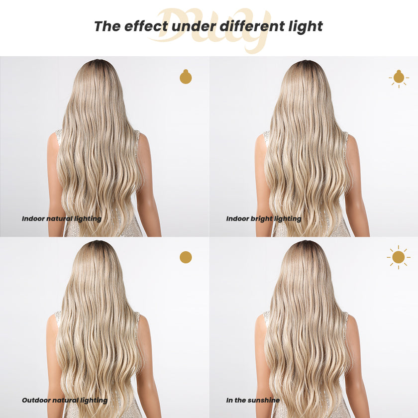 [CLEARANCE SALE] Averyl H-DWY Lace Front Middle Part Long Wavy Rooted Balayage Blonde Glueless Synthetic Wig for Women 28 Inches