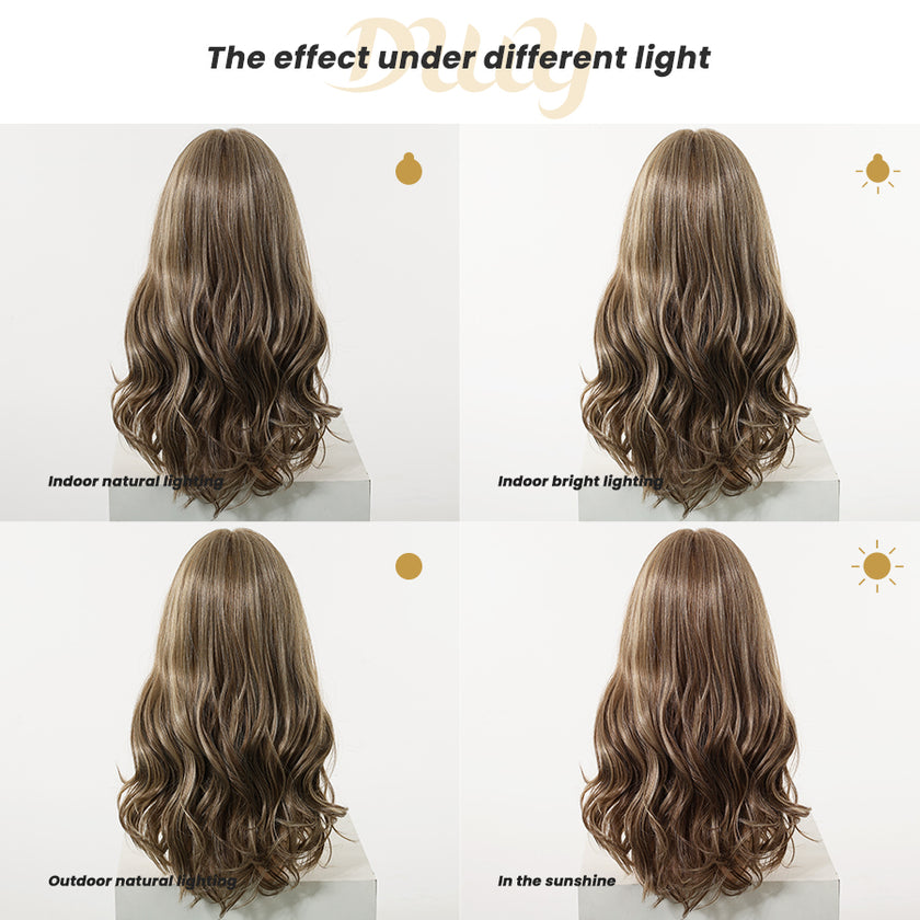 Skylar-DWY Mono Lace Front Free Part Long-Length Curly Brown with Highlights Glueless Synthetic Wig for Women 20 Inches