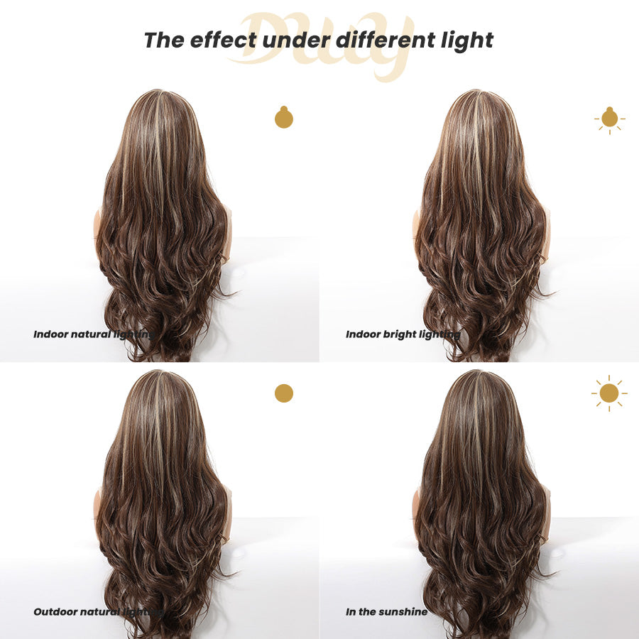 Zenasia-DWY 13×6 Libera Filter Lace Free Part Wavy Brown with Highlights Glueless Synthetic Wig
