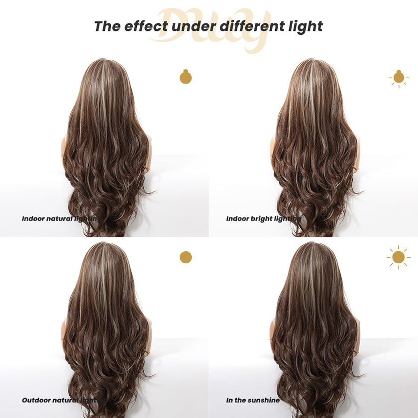 Zenasia-DWY 13×6 Libera Filter Lace Free Part Wavy Brown with Highlights Glueless Synthetic Wig