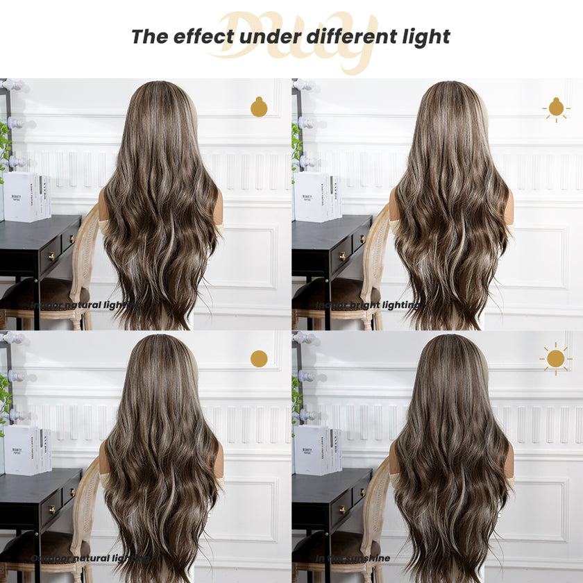 Misty-DWY Lace Front 13×6 Balayage Dark Brown Blonde Natural Wavy Free Part Synthetic Wig