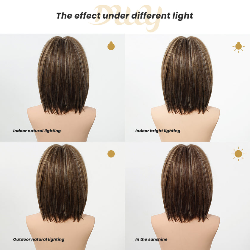 Jean plus -DWY【Gen 2 Large Realistic Scalp】Short Straight Brown with Blonde Highlights Glueless Synthetic Wig with Bangs