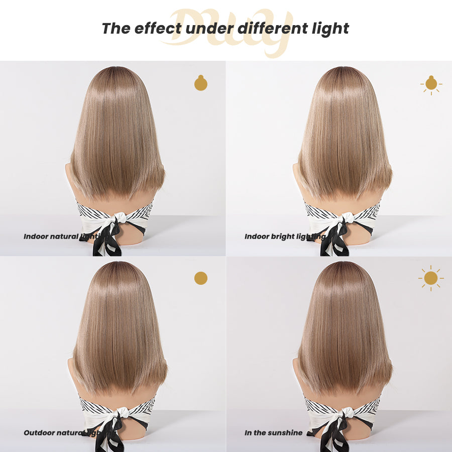 Ellie C-DWY 13×6 Lace Front Free Part Mid-Length Straight Rooted Ash Blonde Glueless Synthetic Wig for Women 16 Inches