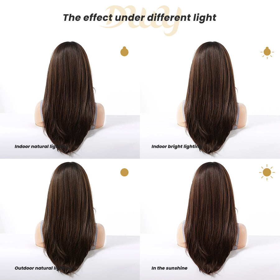 Tilly - DWY 13x6 Filter Lace Front Free Part Medium-Length Wavy Brown Black Wig with Dark Roots