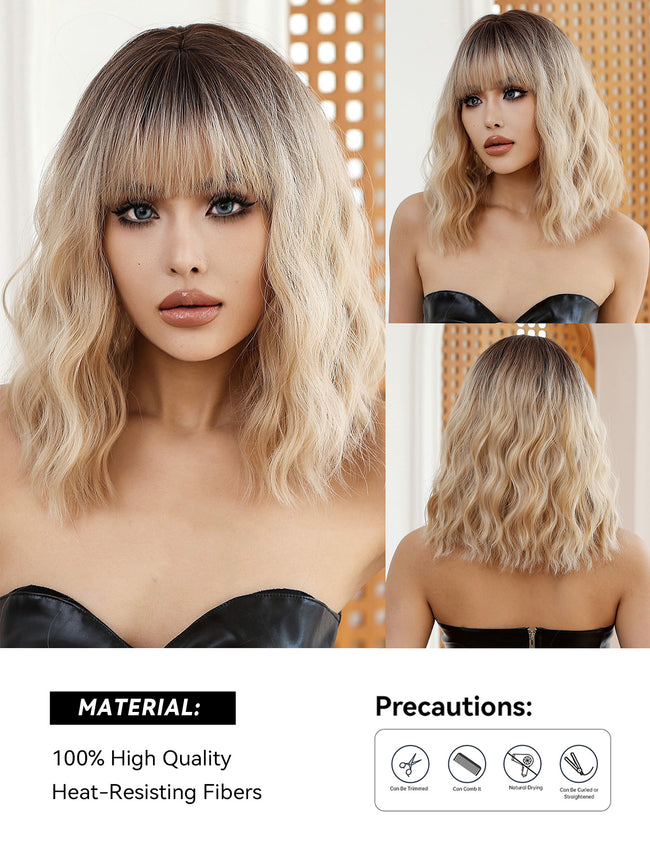DWY Chestnut Brown Wavy Bangs Synthetic Wig
