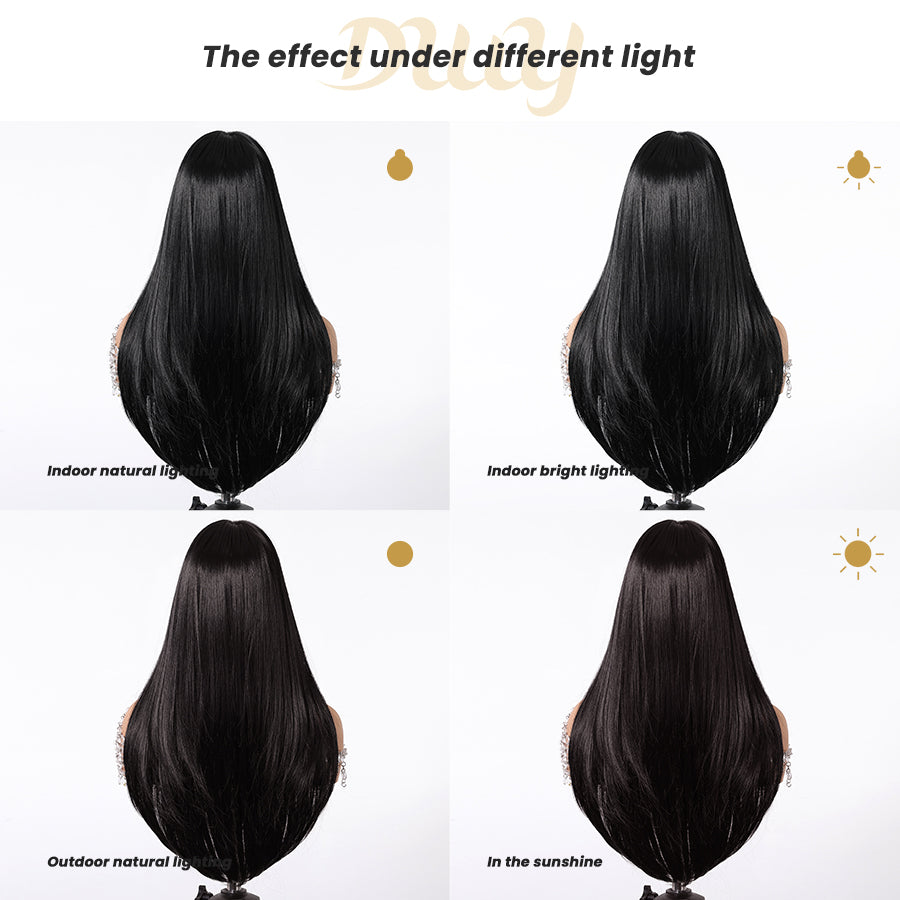 Tara-DWY Machine Made Long Silky Straight Chocolate Brown with Highlights with Bangs Glueless Synthetic Wig for Women 26 Inches